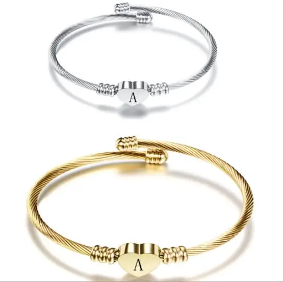 

26 engraved heart charm stainless steel initial bracelet letters, Clear