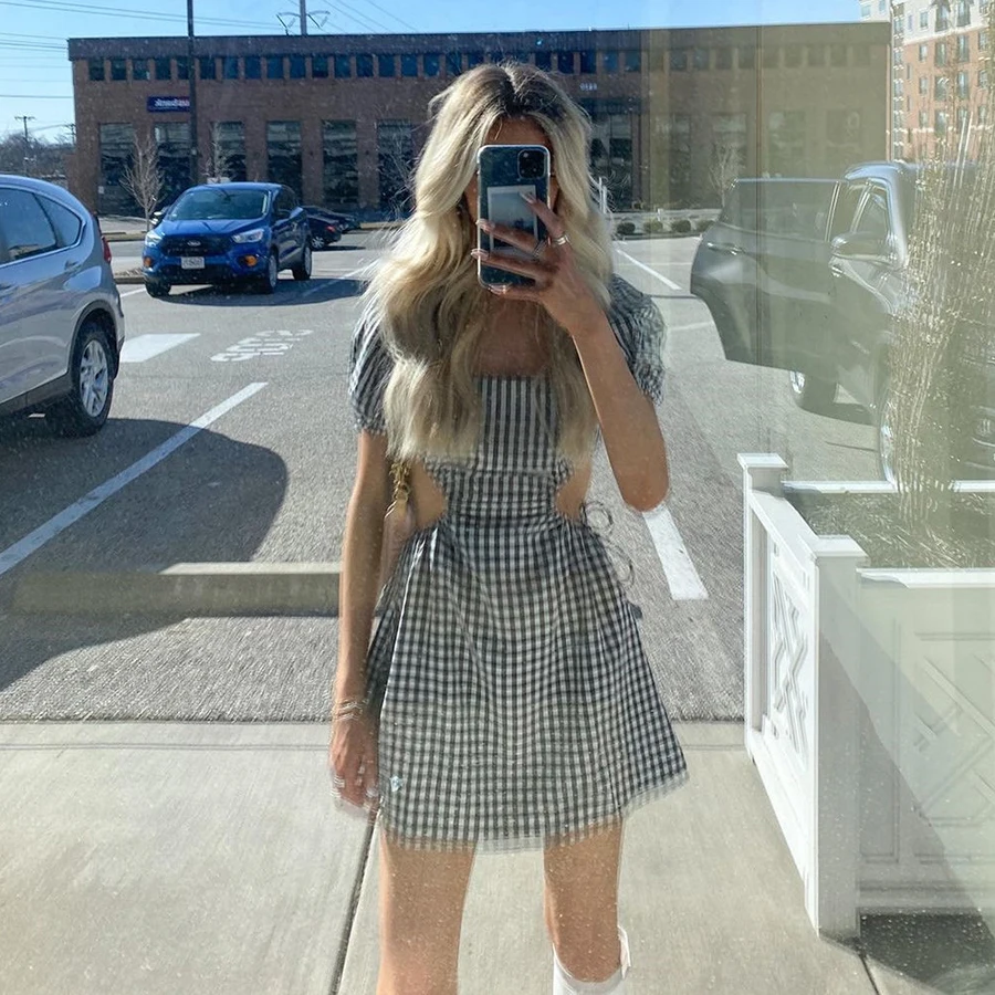 

Nibber K21D01067 Wholesale Custom Plaid Puff Sleeve Side Ripped Backless Loose Tutu Dress Girl's Dress Women Spring Casual Dress, Black / green