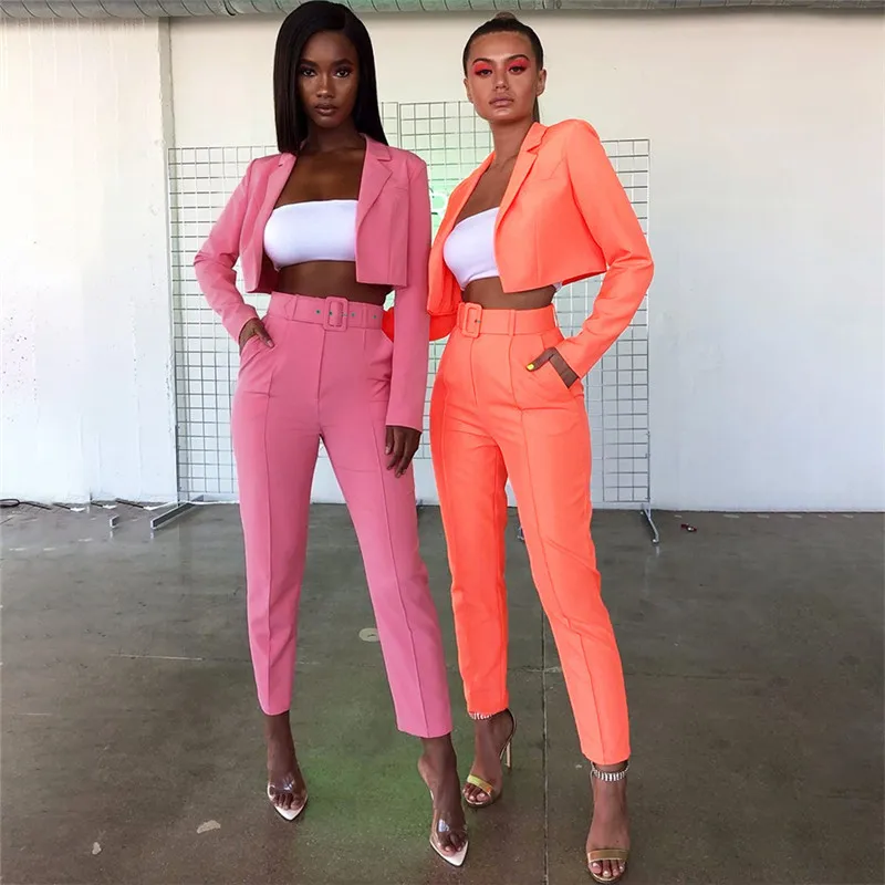 Neon Women's Suit Slim Cropped Blazer And Pants Outfits Casual Autumn Ladies Suits 2 Piece Set New 5 color Y12037