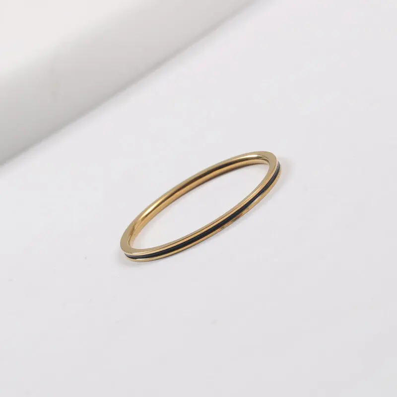 

Joolim Jewelry 18K Gold Plated Stainless Steel Lines Black Enamel Super Fine Dainty Rings for Women