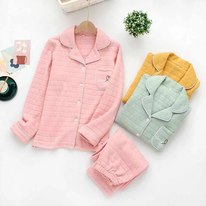 

Japanese new style autumn and winter ladies warm sleepwear simple large size air layer suit candy color home service set women, Required