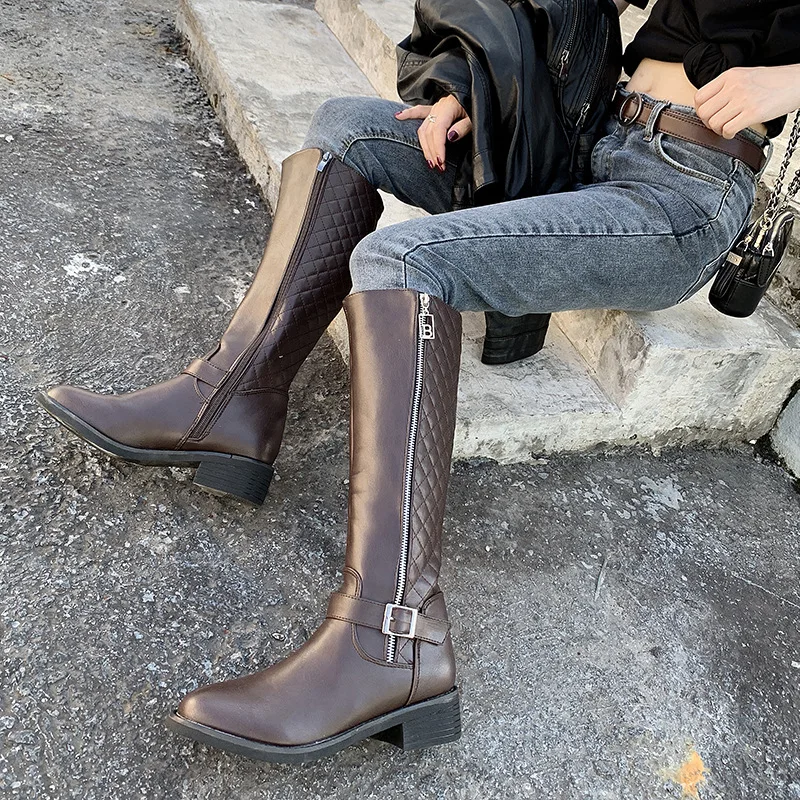 

New Arrival Winter Autumn Plaid women's thigh high long boots Round head Belt buckle zipper knee leather ladies shoes