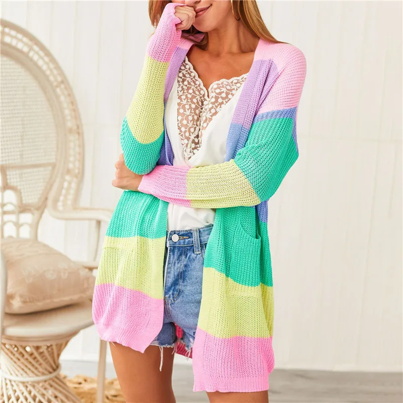 

High Quality Striped Long Sleeve Knit Womens Cardigan Sweater, Rainbow color