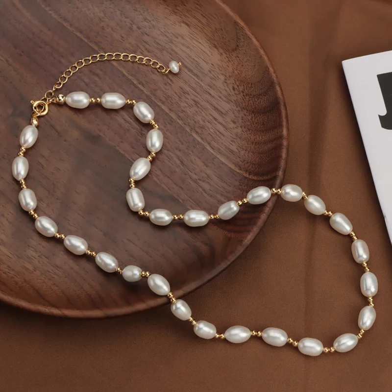 

wholesale small rice pearl necklace design freshwater pearl jewelry 18k gold plated rice bead freshwater pearl necklaces