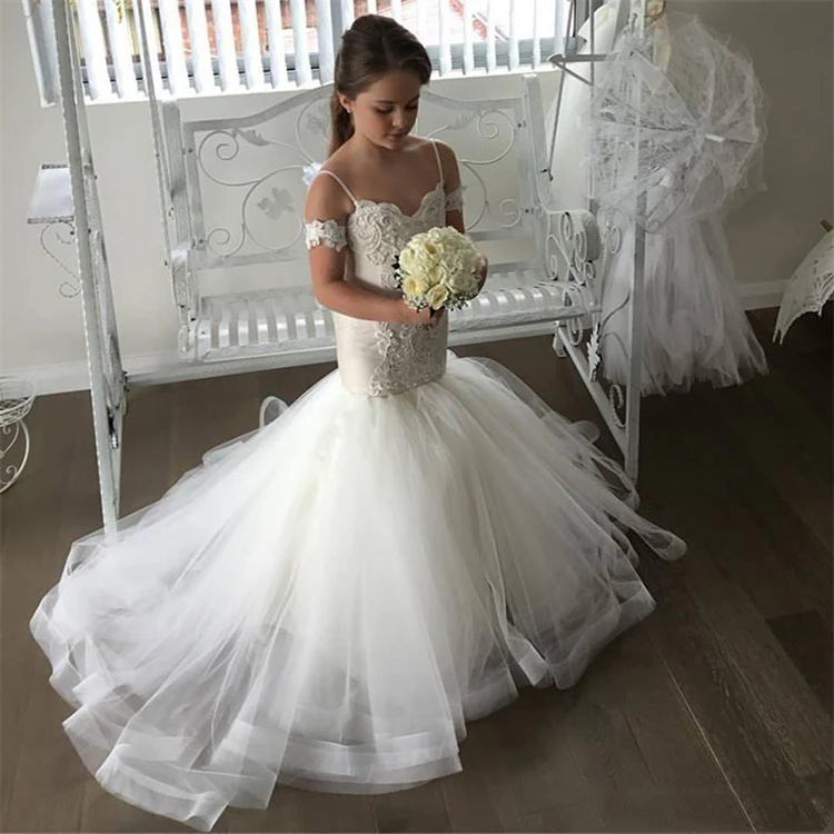 

Girls Wedding Lace Fishtail Catwalk Birthday Piano Performance White one-shoulder flower girls dress