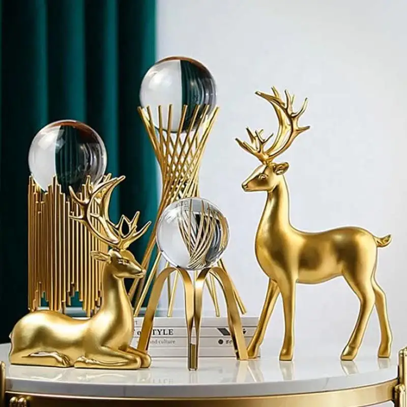 

2021 Table Gold Deer Golden Plated Framed Nordic Sculpture Leaf House Decorative Modern Metal Luxury Crystal Ball Home Decor