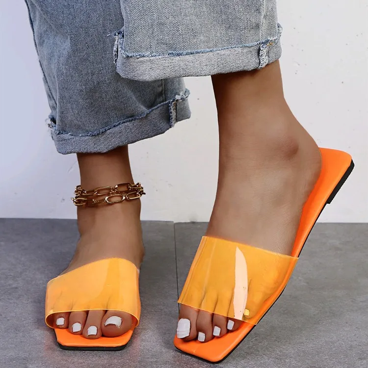 

PDEP 2022 Summer Jelly Sandals PVC Solid Color T-Strap Flat Slippers Custom Logo Causal Slip On Girls Slippers