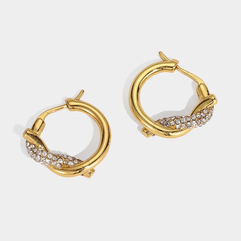 

Classic High End Metal Knotted Brass And Gold Plated Diamond Set Hoop Earrings For Women, Picture shows