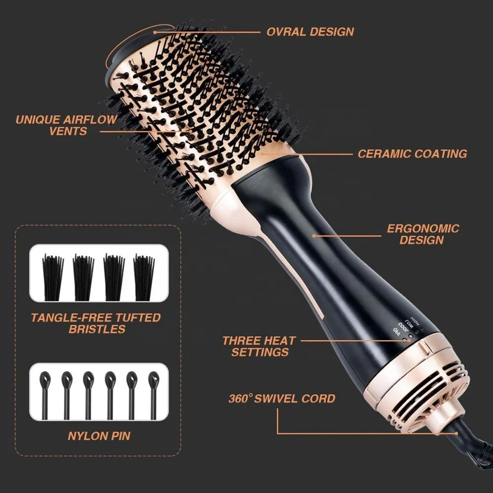 
Amazon Hot Selling 2 in 1 Multifunctional Degree 1000W Professional Brush Fast Straight Hot Air Styler Brush One Step Hair Dryer 