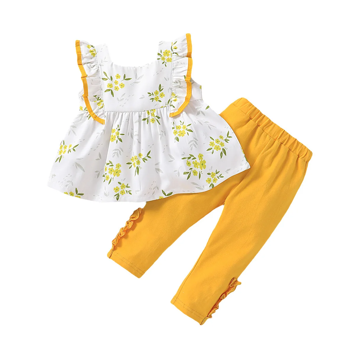 

Two pieces Kid Baby Girl Clothes Sets Ruffle Sleeve Top Dress Floral Print Pants Summer Spring Cotton Outfit
