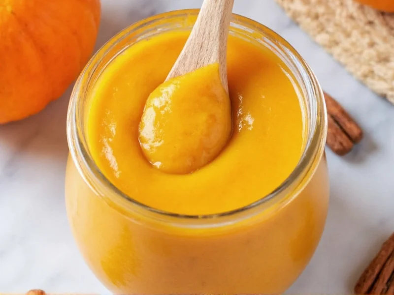 Smooth pumpkin puree in glass jar with wooden spoon