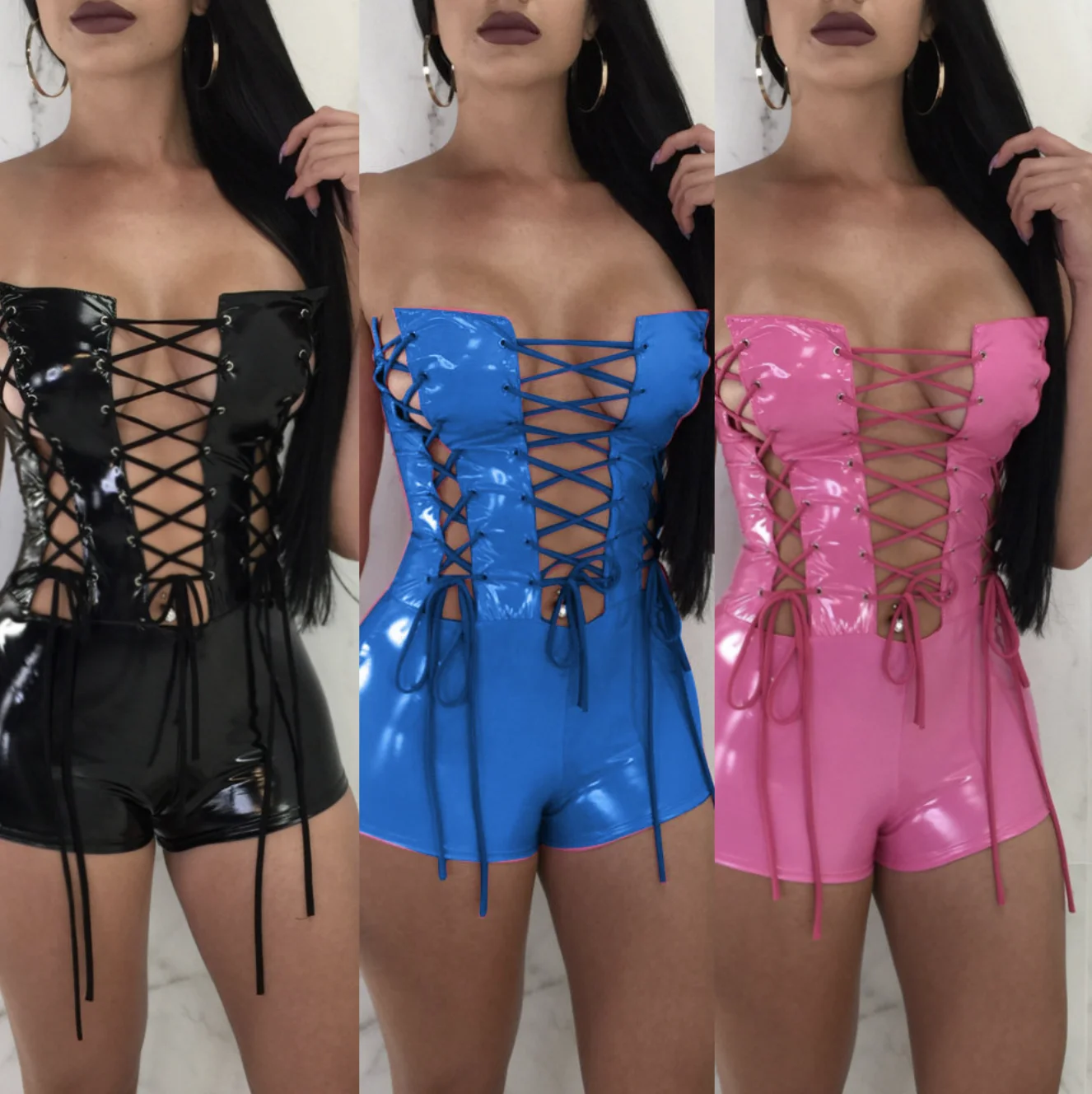 

European America style women sexy slim strapless one-piece leather jumpsuit 2021 latest summer women shorts PU leather jumpsuit