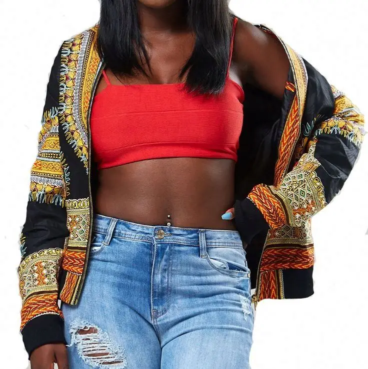 

W688 Wholesale Autumn Women's Ethnic Clothing African Dashiki Print Stand Collar Bomber Ankara Jacket Plus Size, Customized color