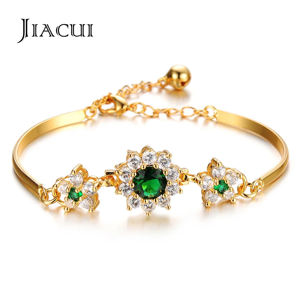 

Jiacui Jewelry Bracelets Wholesale Adjustable Chain 18K Gold Plated Inlaid Green Stones Diamond Bangles Bracelets For Women