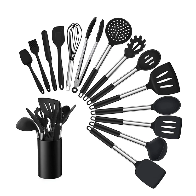 

Hot sale 15 Pieces silicone kitchen utensil set heat resistant cooking utensil kit stainless steel handle utensil set, Black