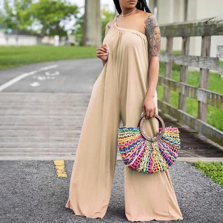 

Inclined Shoulder Solid Color Sleeveless Loose Jumpsuits Woman 2021 Tank Top Jumpsuit -PT, Black,purple,apricot