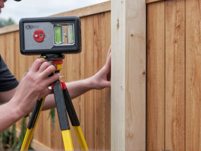 DIY fence builder checking post alignment with level tool
