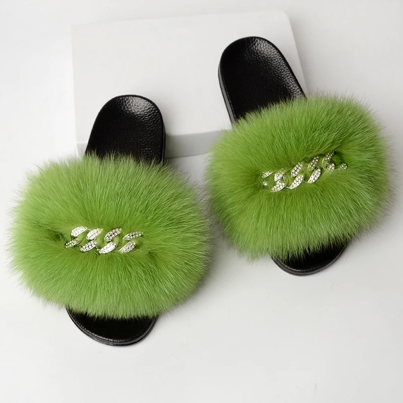 

Drop Shipping Real Fox Fur Sliders Bling Fur Slippers Fluffy Women Fur Slides Slippers, Customized