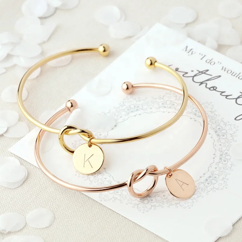 

Customized Simple Initial Knot Bracelet 26 Letters Wild Girlfriends Bracelet Love Bridesmaid Opening Bangle Jewelry, Gold/silver/rose gold