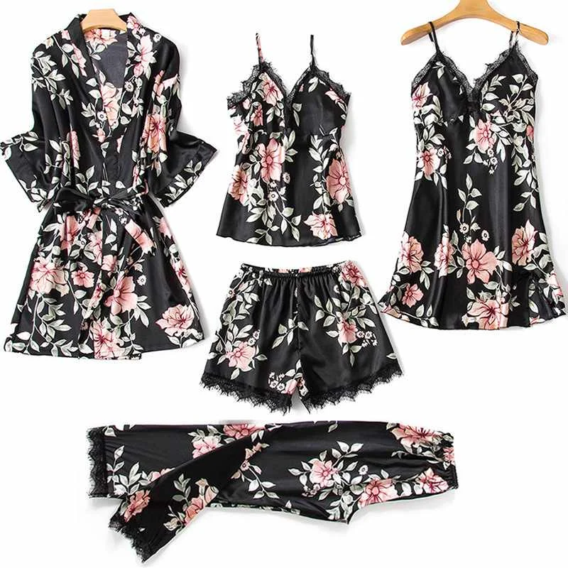 

2021hot sale Silk 5 Piece Short Sleeved Satin Casual wear Women Pajamas, Photo color