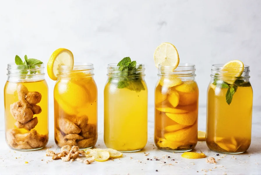 Variety of ginger lemon tea variations in glass jars with different ingredients