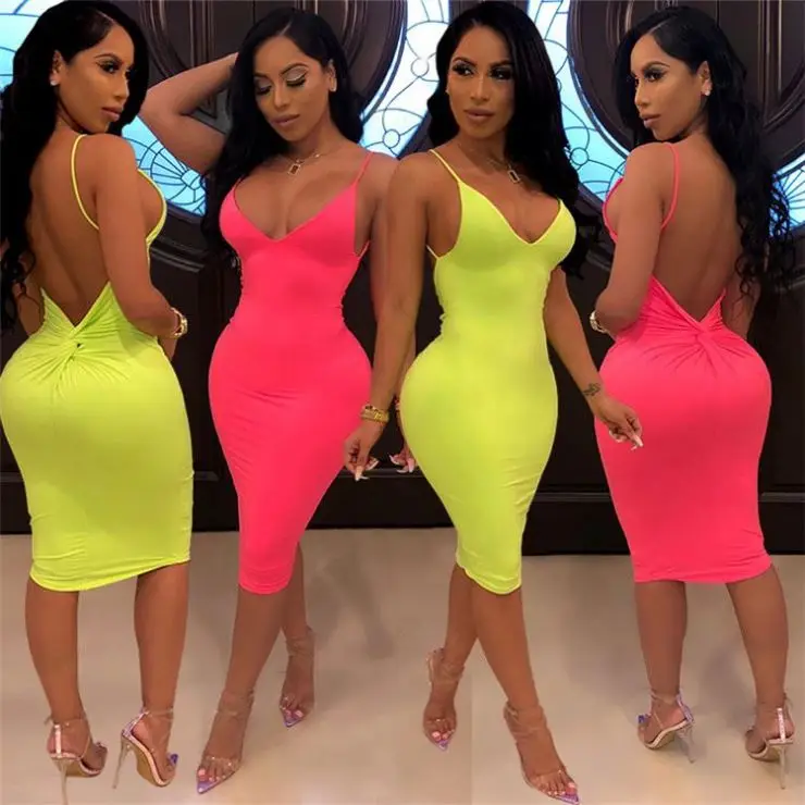 

Fashionable Summer Women Sexy Sleeveless Club Dresses lady v-neck backless midi dress solid color Bodycon Strap Dresses