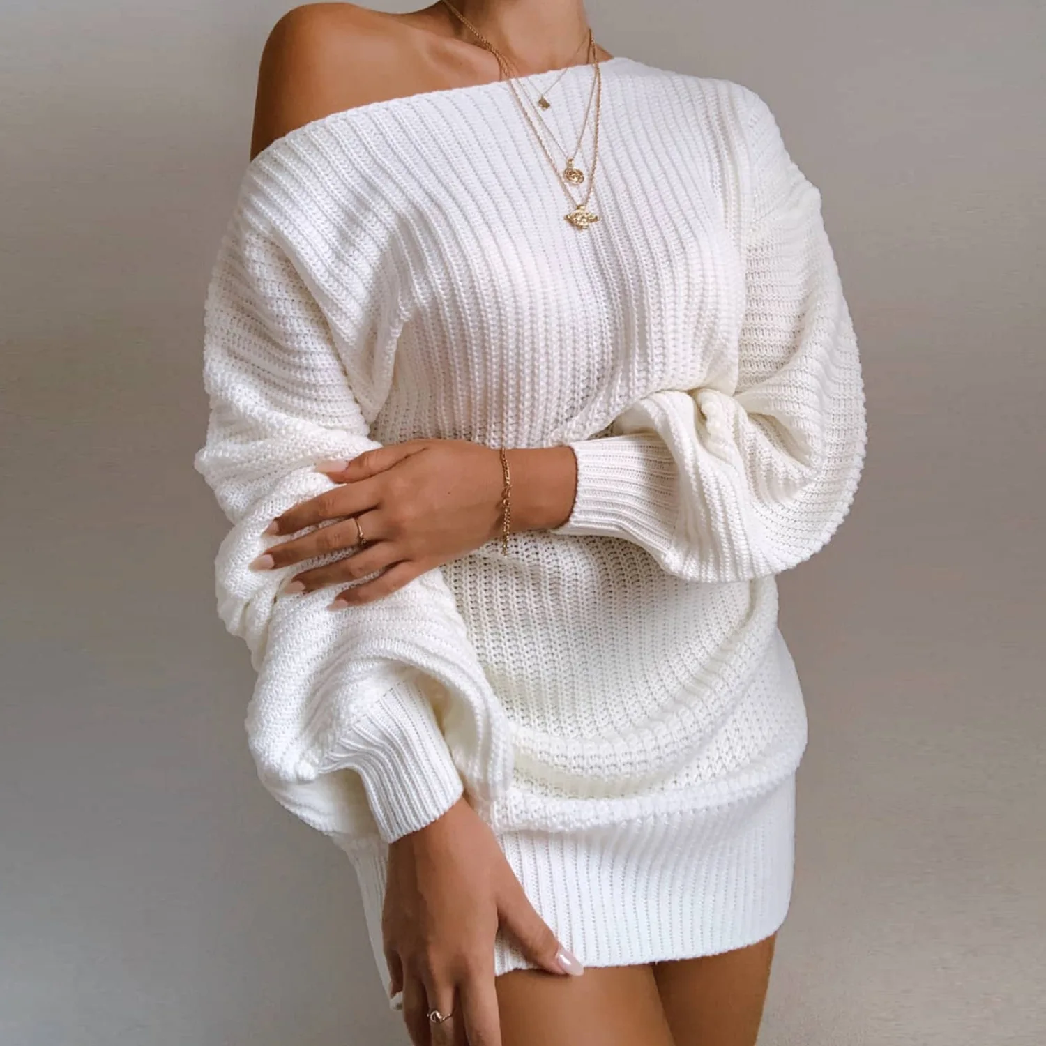 

Barlaycs 2020 New Arrivals Sexy Autumn Solid Color Off the Shoulder Long Sleeve Sweaters Dress for Women Dinner Fall Clothing