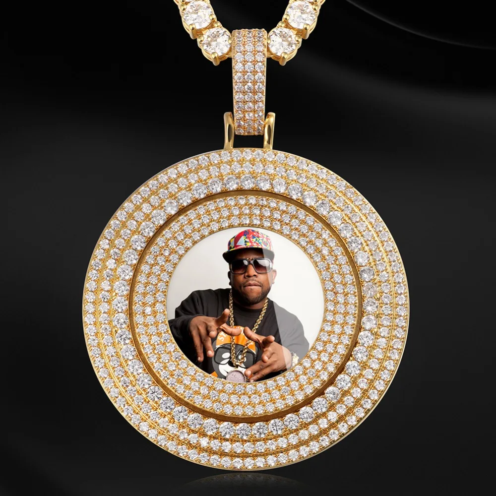 

New Big Spin Round Custom Picture Memory Medallions Solid Pendant Necklace Ice Out Full Of Crystal Mens Hip Hop Personalize Gift