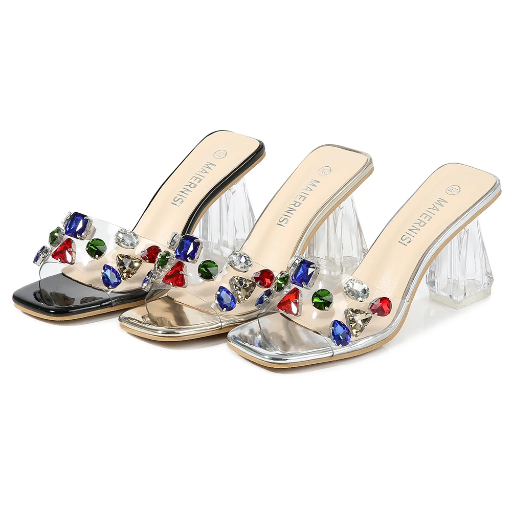 

Dropshippin diamond heels women casual sandals square high heels glass Crystal heel sandals, Black/gold/silver