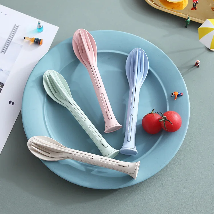 

Biodegradable 3Pcs Wheat Straw Knife Fork Spoon Tableware Set Reusable Plastic Flatware Silverware Set with Portable Case