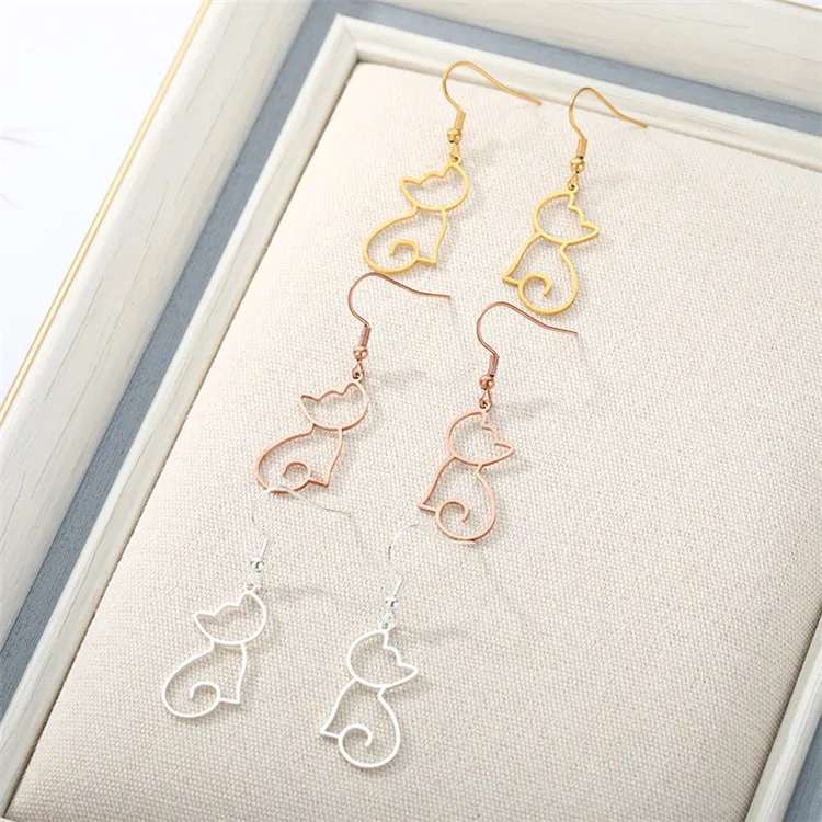 

Hollow Out Cartoon Silver Cat Stainless Steel Earring Tarnish Fashion Jewelry, Gold,silver,rose gold