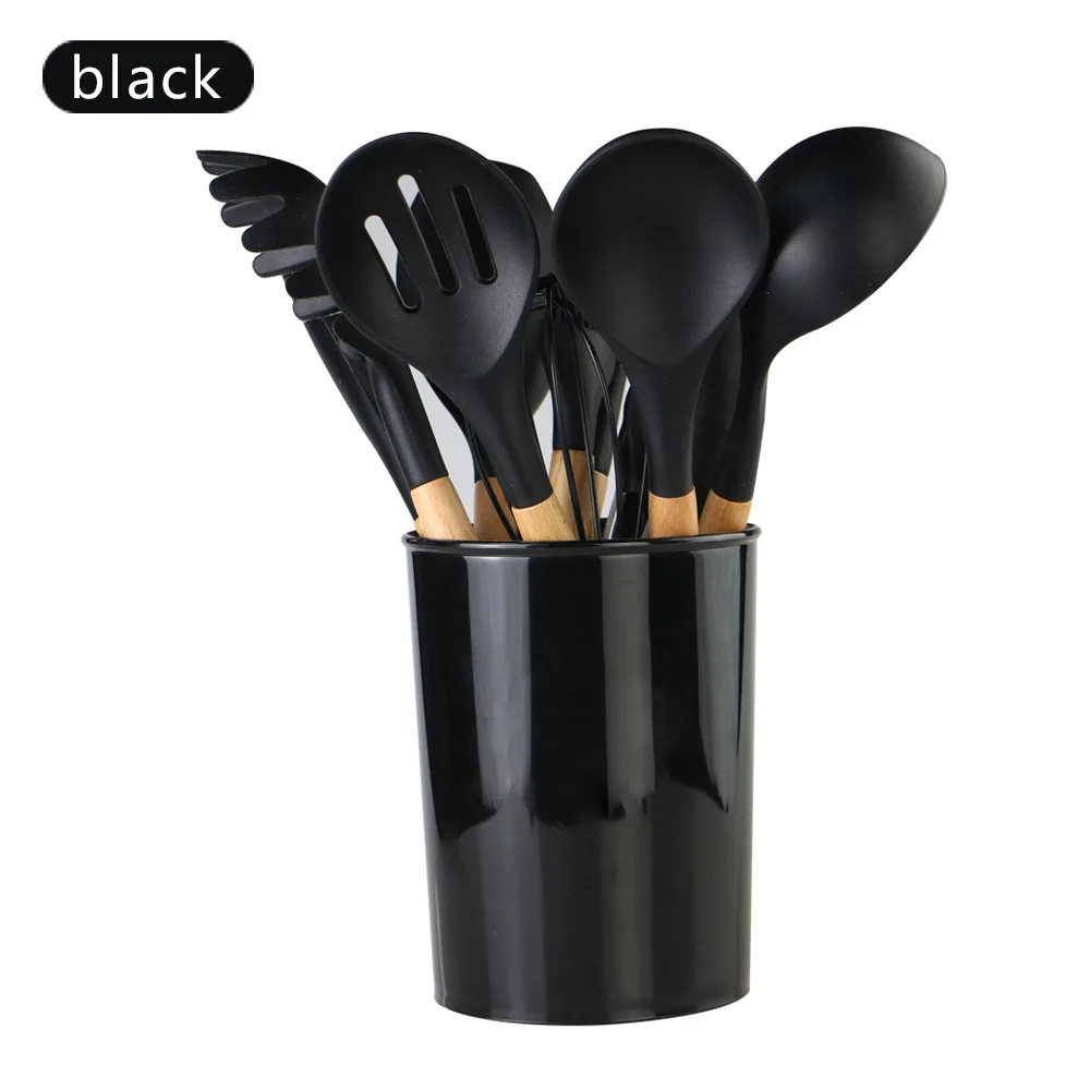 

New Arrival Blue Kitchenware set Wooden handle 11pcs silicone kitchen utensil set with bucket, Black, red,colorfull