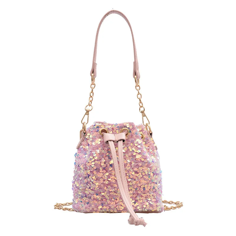 

2020 Fashion Sequins Leather Delicate Luxury Lady Bucket Purses and Handbags for Women