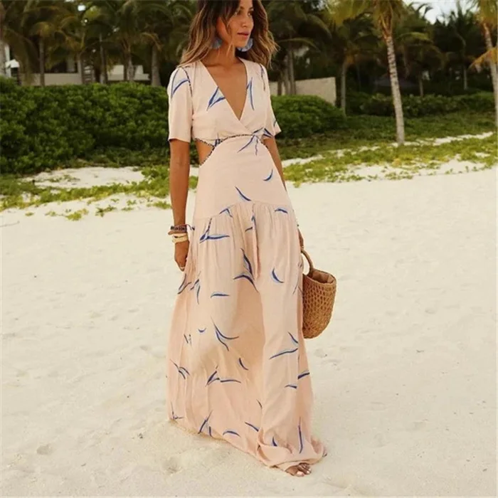 

2021 Summer Hot Sale Fashion Bohemian Print Long Skirt Elegant Female Beach Skirt Dress, Apricot