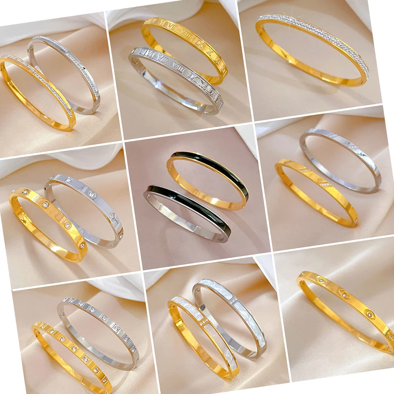 

DAIHE Fashion INS Style 18k Gold Plated Luxury Bracelet Stainless Steel Shell Zircon Cuff Bracelet Bangle