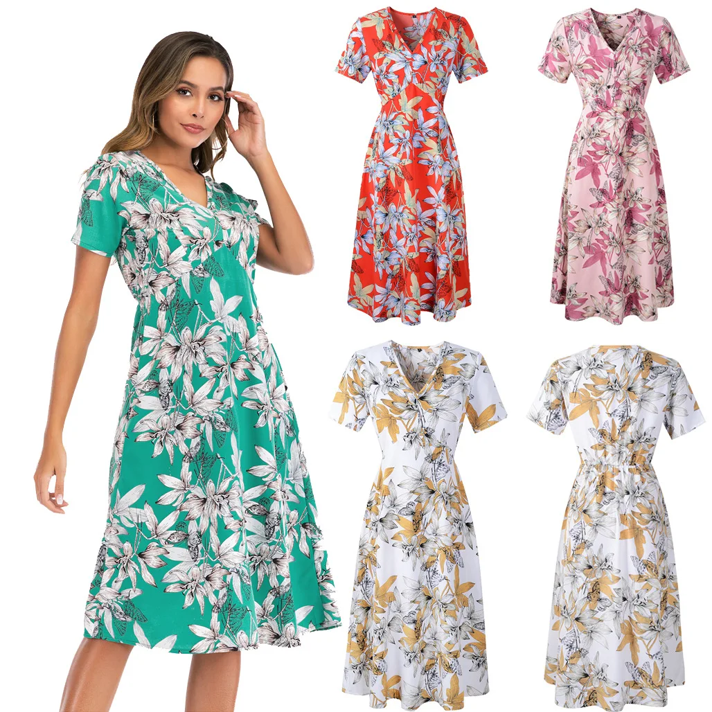 

2022 New Arrival Summer Women's Midi Dress Chiffon Floral Bohemian Print V Neck Tropical Beach Casual Dresses