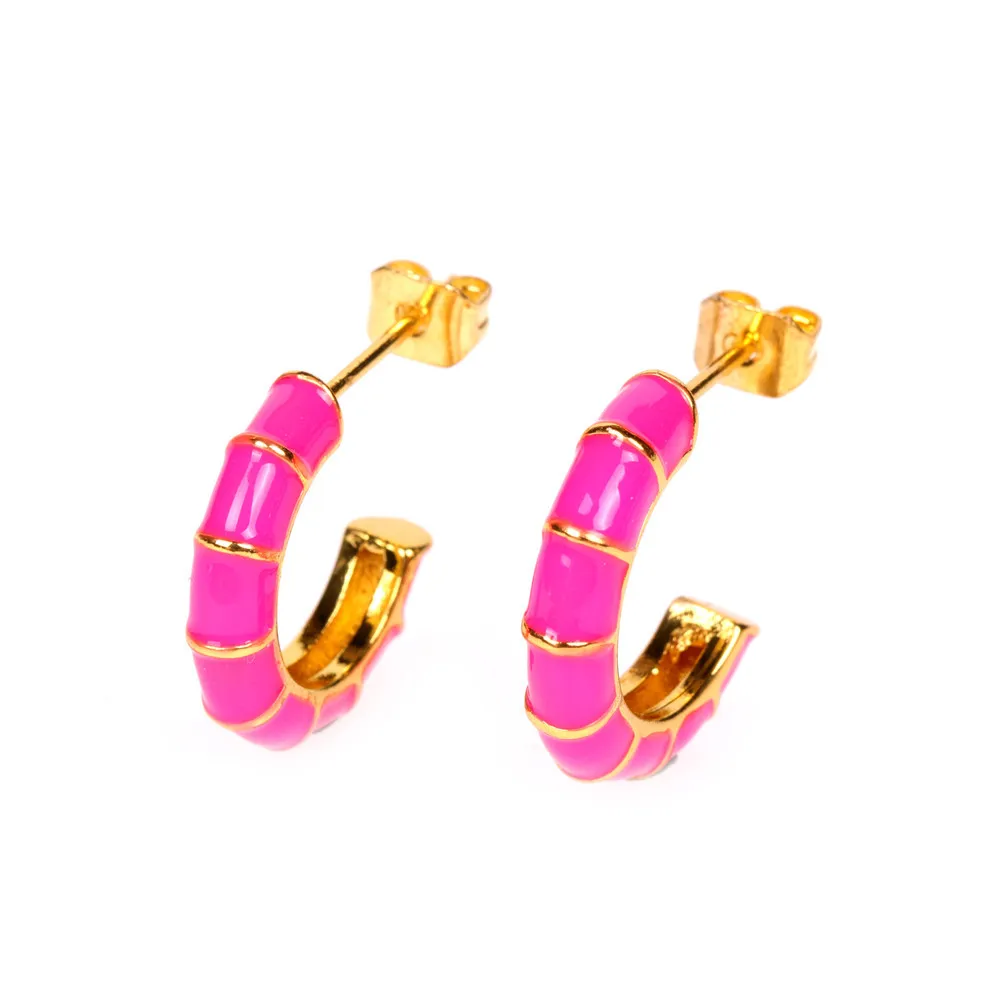 

Luxury Real 18K Gold Plated Multicolor C Shape Stud Earrings Pink Oil Dropping Enamel Geometric Earring For Party