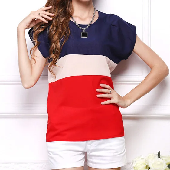 

NEW Fashion Short Sleeve Summer top shirt Girls Casual Big Size Chiffon Blouse Women, Red/green