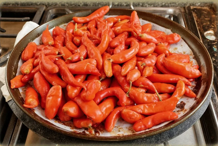 Fresh Anaheim chili peppers arranged on wooden cutting board with preparation tools