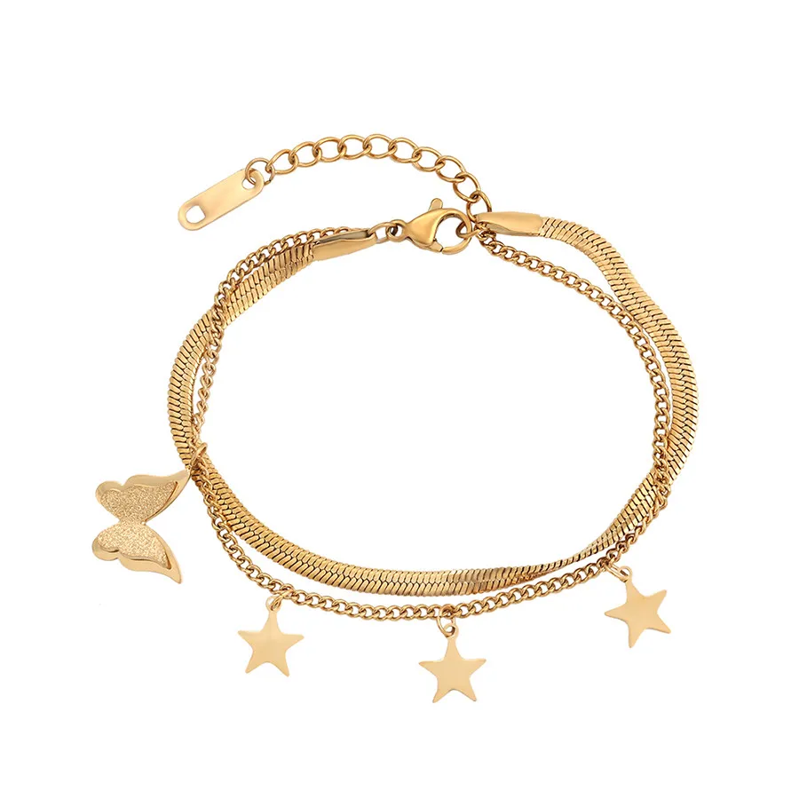 

A00794886 xuping jewelry Stainless Steel Fashion Butterfly Star Pendant Double Chain 14K Gold Plated Bracelet