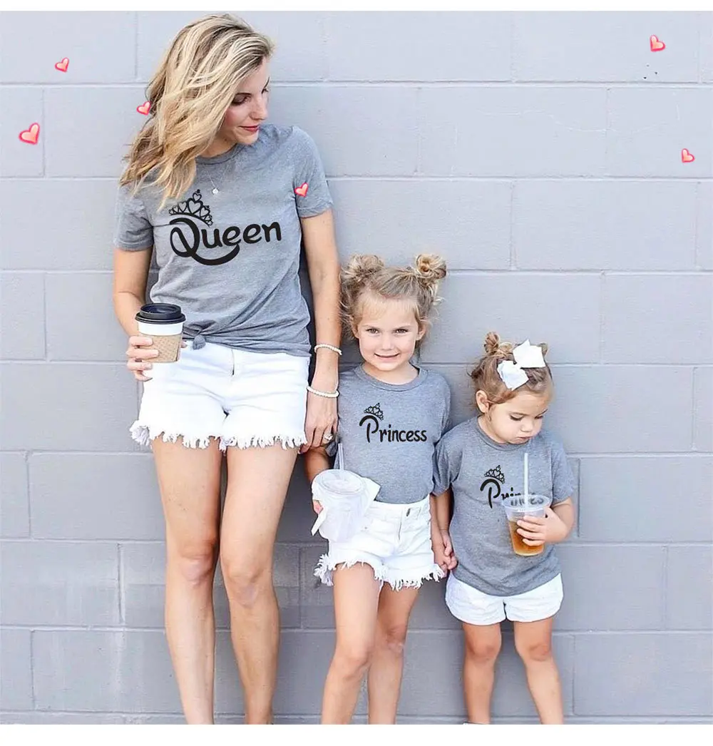 

king queen prince princess printing plain colors family t shirt boutique hotsale stock family parent child outfit, White /gray/gray /red