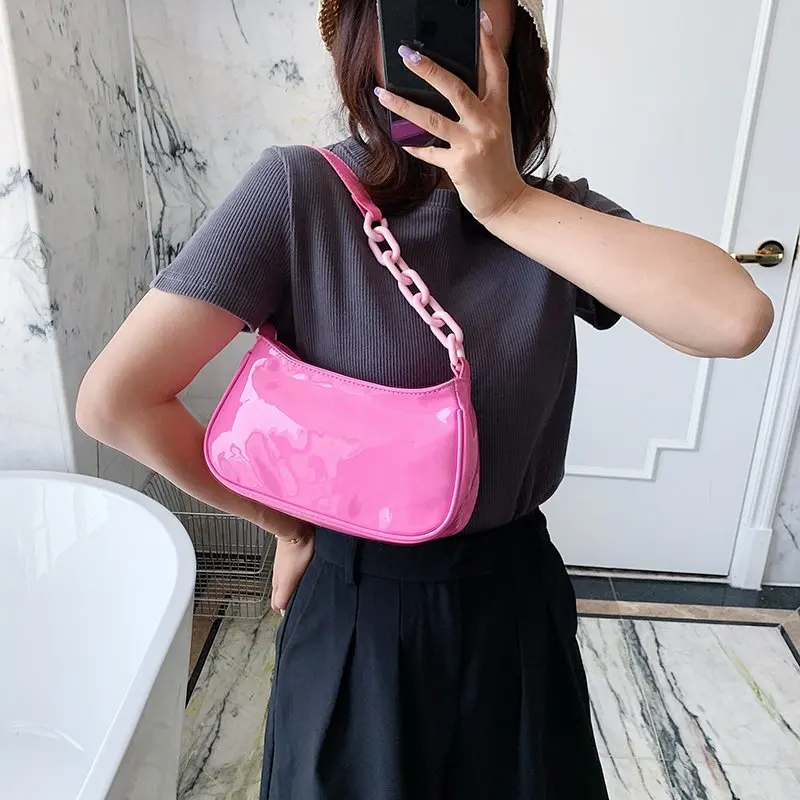 

Chic Sac A Main Glossy Neon Color Fashion Handbags Chain Ladies Shoulder Sling Bag Underarm Bags for Women