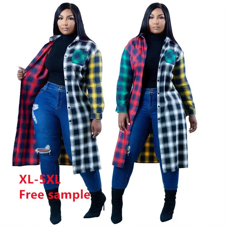 

Custom 2022 Casual Womens Plus Size Women's Flannel Shirt Woman's Trench Coats Long Plaid Jackets, Picture colors