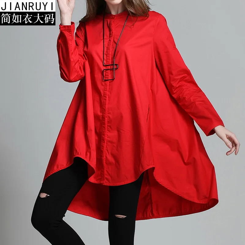

Wholesale 2021 spring and summer fashion new casual fashion loose blouse irregular cotton stand-up collar plus size blouse, White,black,orange,red