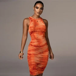 Fall Sleeveless Pleated Ruched O Neck New Fashion Casual Women Bodycon Tie Dye Print Dress