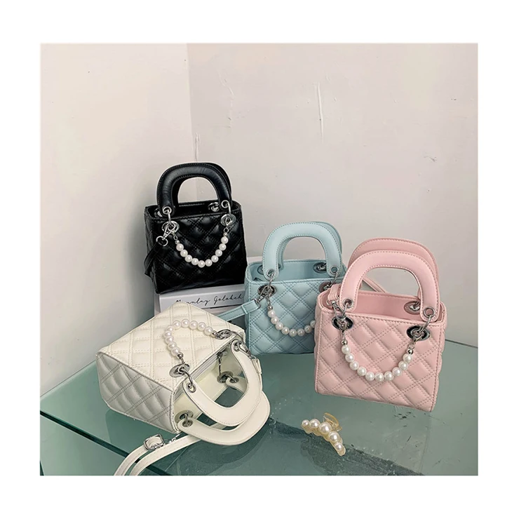 

Luxury Small PU Leather Messenger Bags Quilted Lattice Shoulder Clutch Fashion Women Pearl Beaded Square Handbags and Purses