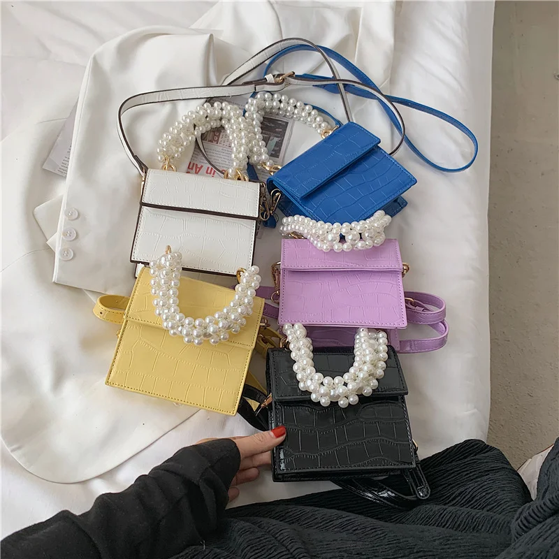 

New style pearl chain crocodile pattern small square bag designer purses and handbags, 5 colors