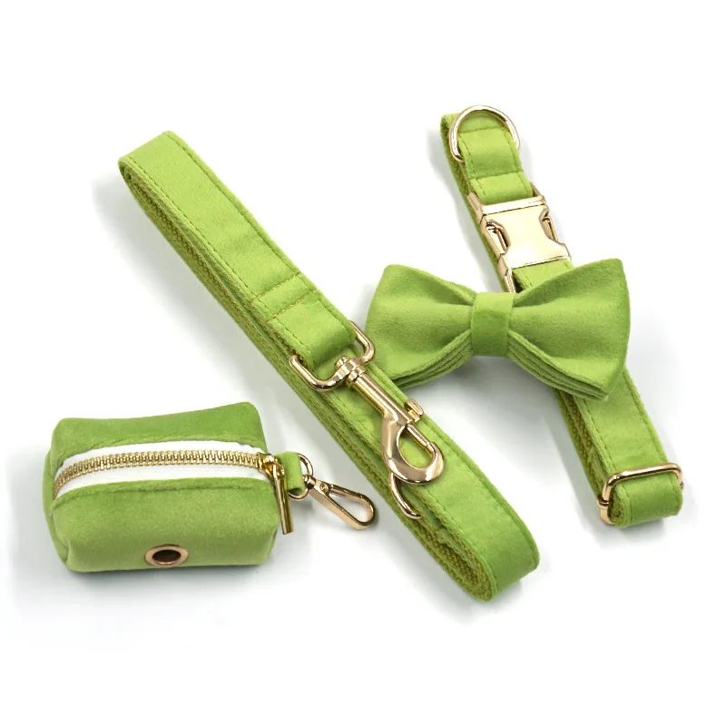 

Matcha green velvet pet collar leash bow dog poop bag Dog collar lettering dog garbage bag, Picture shows