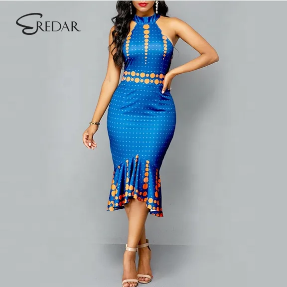 

Women Africa Clothing Ruffle Hem Dot Print Sleeveless Sheath Dress, As pictures& customized