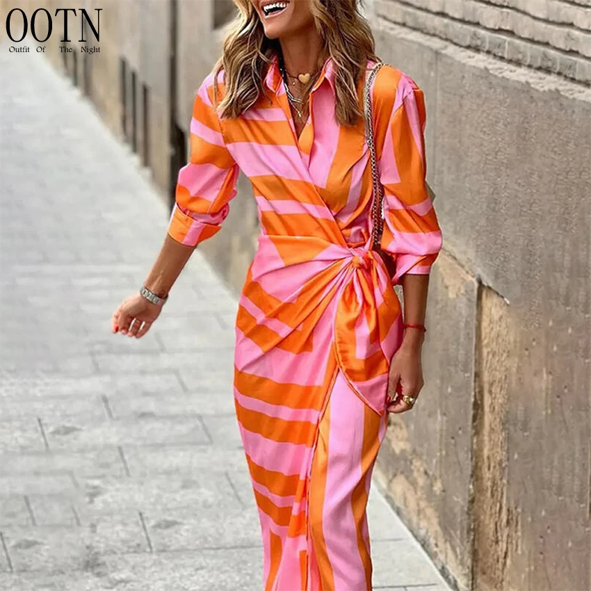 

OOTN Casual Comfortable Street Women's Wear Dresses Blouse Neck Tie Mid Length Striped Skirt Spring Summer Fashion Print Dress